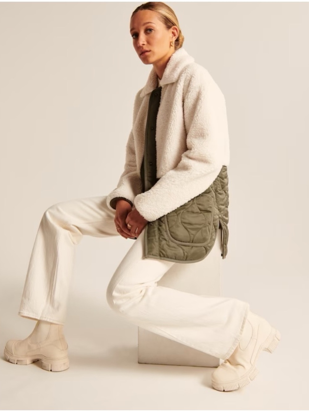 Abercrombie & Fitch | Mixed Media Fabric Quilted patch pocket Shirt Jacket Olive